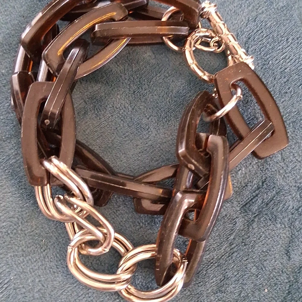 Elegant Brown Tortis Shell Lucite and Silver Chain Bracelet